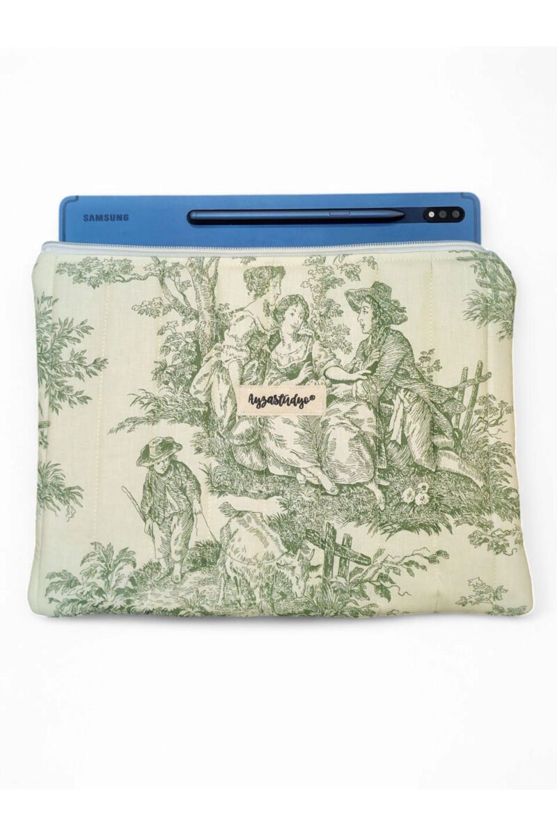 Puffy iPad/Tablet Sleeve - Green Toile de Jouy | Ayza Stüdyo - Image 2